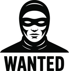 Black and white illustration depicts a wanted person wearing a mask, creating a graphic design suitable for crime, mystery, or security themes with a bold and striking visual impact.