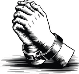 Engraved praying hands bound by shackles create a powerful visual statement, ideal for conveying themes of captivity, faith, and the struggle for freedom in graphic design.
