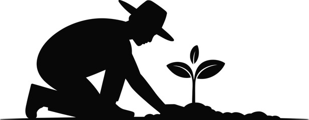Silhouette illustration features a farmer planting a seedling, symbolizing agriculture, growth, and environmental stewardship, ideal for themes related to nature and sustainable living.