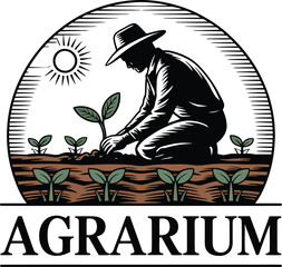 A vintage style illustration showcases a farmer planting seedlings in a field under a shining sun, embodying agriculture, cultivation, and the growth of new plants in a rural setting.