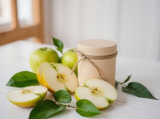 Green Apple Freshness: A collection of crisp green apples, some sliced to reveal their juicy interiors, are artfully arranged with fresh green leaves, offering a vibrant display of nature's bounty.