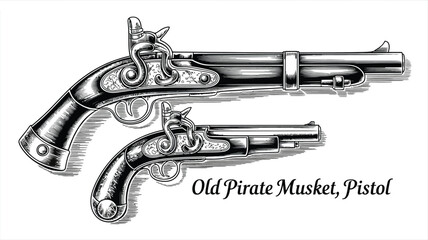 Antique flintlock pistols evoke a sense of history and adventure, showcasing intricate engravings and classic design elements perfect for historical illustrations or vintage themes.