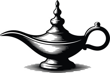 A vintage-style illustration showcases a detailed genie lamp, reminiscent of Arabian Nights, with intricate linework and shading, evoking a sense of magic and fantasy.