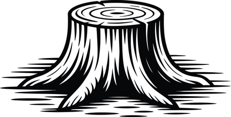 A striking black and white illustration presents a detailed tree stump, showcasing its rings and roots in a woodcut style, perfect for nature-themed designs and forestry concepts.
