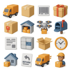 Delivery 3d icon set: truck, package, barcode, drone, mailbox, warehouse, clock, delivery person