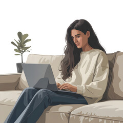 Young woman comfortably working on laptop while relaxing on couch, conveying modern lifestyle and remote work