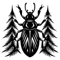 Vector art of a beetle surrounded by pine trees isolated on white background
