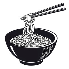 Japanese ramen noodles with chopsticks silhouette, bowl of traditional Asian food, food and beverage vector graphic