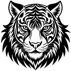 Vector art of a striking tiger face with intense eyes and bold stripes isolated on white background