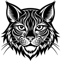 Vector art of a fierce black and white illustration of a bobcats face isolated on white background