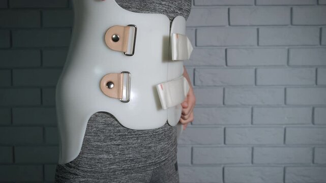 Wearing orthopedic corrector. A young girl in orthopedic corrector stand in the room by the wall.