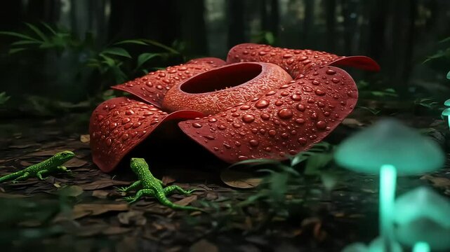 Giant red Rafflesia flower with water droplets in a forest with two green lizards