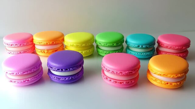 Delightful close-up video featuring vibrant, colorful macarons arranged in a row, perfect for food