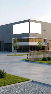 Warehouse Mockup with Blank Exterior Billboard