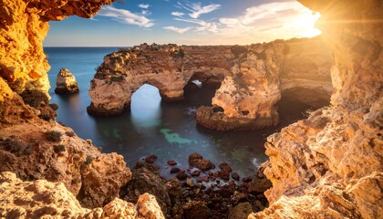 Obraz premium Exploring Coastal Rock Formations with Arches at Sunset