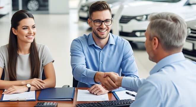Happy customers shaking hands with car salesperson in dealership