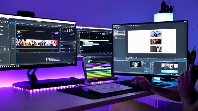 Professional Video Editing Setup Featuring Multiple Displays and Sophisticated Software