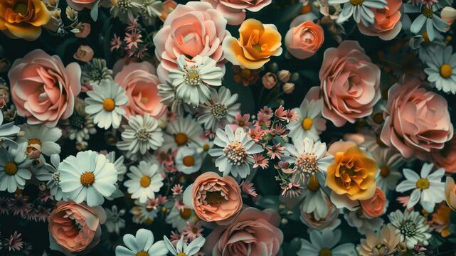 Rose and daisy floral pattern with bokeh effect.