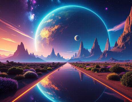 Alien World Futuristic Landscape with Glowing Pathway, Planets, and Celestial Bodies. Generated Image.