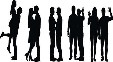 Cad drawing flat vector illustration of silhouette couples interacting in emotional, romantic, and friendly gestures for lifestyle design themes