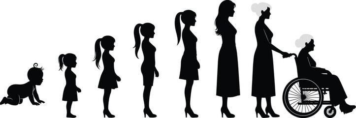Cad drawing flat vector illustration of woman life stages from baby to senior, ideal for lifestyle, health, and family design