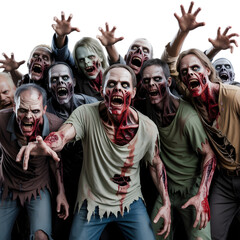 Terrifying horde of menacing zombies lunging forward, their decaying bodies and open mouths expressing pure horror and hunger.