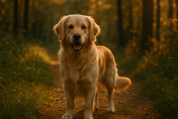 Golden Retriever in Forest: A stunning Golden Retriever gazes directly at the camera, exuding joy and loyalty, standing majestically amidst a sun-drenched forest path.