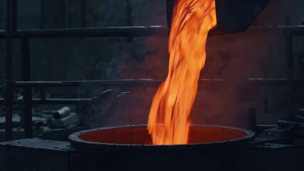 Molten Metal Pouring into Iron Cauldron in Industrial Foundry. Metalworking process. Perfect for topics related to manufacturing, metallurgy, and industrial engineering.
