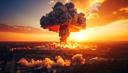A Towering Nuclear Mushroom Cloud Rises into the Orange Sky, Casting Shadows Over a Radiated Wasteland as Fallout Drifts Through the Air in a Dramatic, Apocalyptic, Cinematic Scene