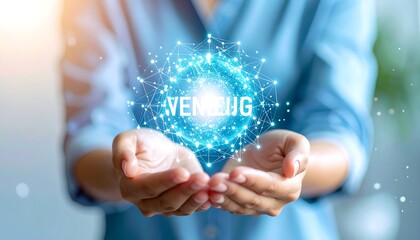 Woman's hands holding a glowing, digital sphere