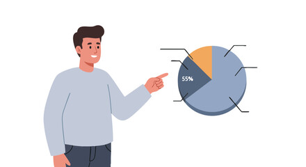 Vector illustration of man serious pointing at chart on white background