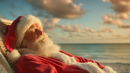 Santa Claus relaxing on a beach chair, enjoying vacation on resort during Christmas holiday, outdoor footage