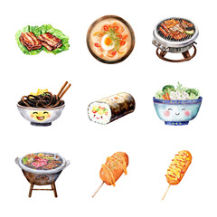 A vibrant array of delicious Asian dishes beautifully illustrated. Korea isolated on white background, Transparent Background