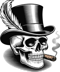 Illustration of a skull with top hat feather and cigar in black and white