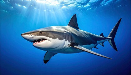 Fototapeta premium A powerful shark glides through the deep blue ocean, its sleek form cutting through shadowy waters with silent grace, evoking awe and fear in the vast, mysterious underwater world