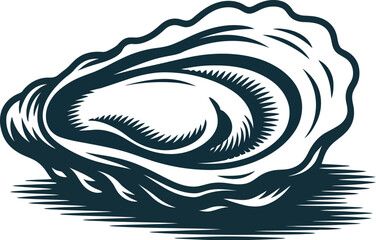 Illustration of a single oyster shell in dark blue on a white background