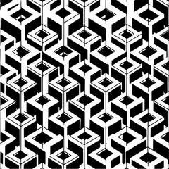 Isometric pattern of black and white geometric shapes creating an optical illusion of depth and dimension