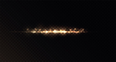 Magic golden dust trail with light glowing effect. Vector glowing light beam with sparkles and shimmer isolated on transparent background