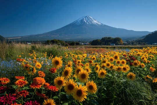 Sunflowers and other colorful flowers bloom in front of the majestic Mount Fuji, creating an enchanting natural landscape Generative AI - Powered by Adobe