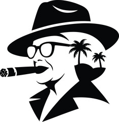 Silhouette of man with hat and cigar featuring palm trees in head space