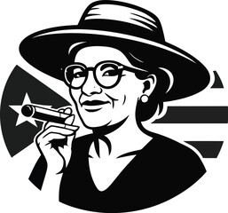 Illustration of woman with hat and glasses smoking cigar in front of flag