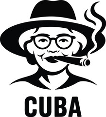 Illustration of a woman wearing a hat and glasses smoking a cigar cuba text
