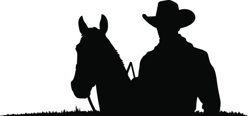 Silhouette of cowboy with hat and horse on white background in the field