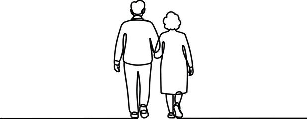 Continuous line drawing of an elderly couple walking hand in hand together