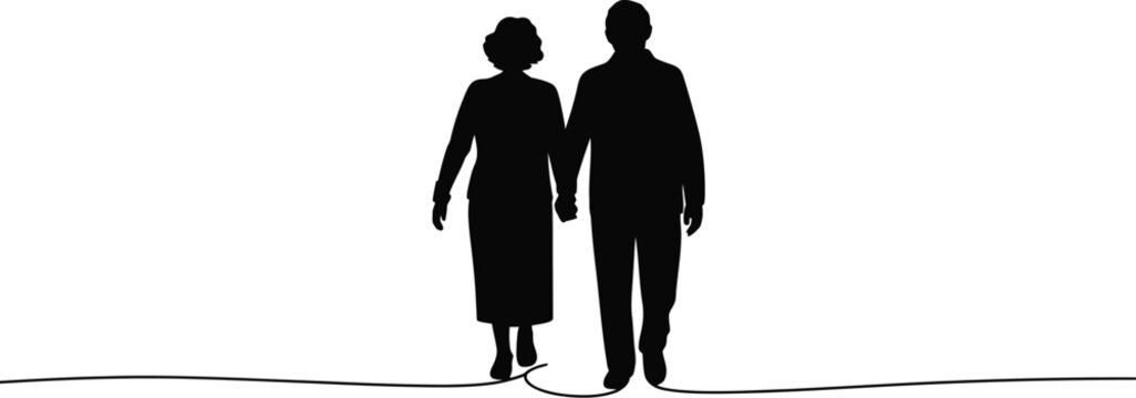 Silhouette of an elderly couple holding hands walking on a single line art