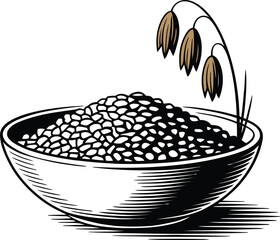 Illustration of a bowl filled with grains next to a sprig of oat flowers