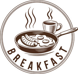 Breakfast logo with sausages eggs coffee and frying pan in vintage style