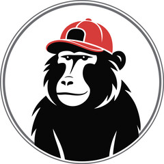 Illustration of a monkey wearing a red baseball cap inside a gray circle