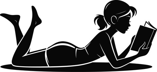 Silhouette of a woman lying down and reading a book on a white background