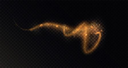 Magic gold glitter dust trail with light effect. Abstract glowing beam with golden sparkles and shimmer. Isolated vector on transparent background